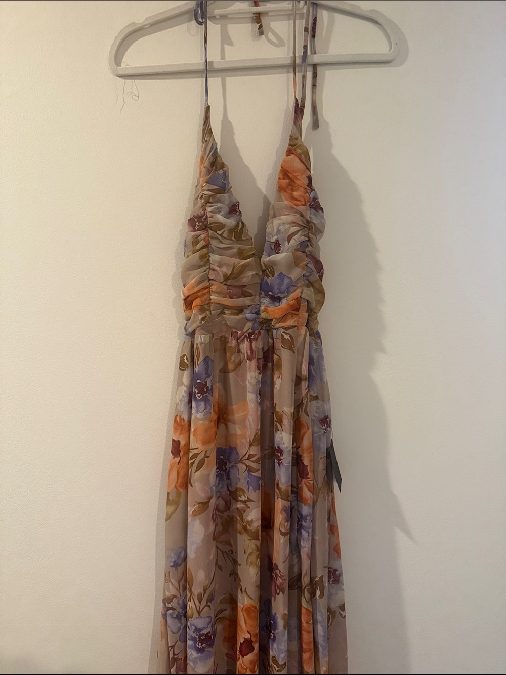 Lulu's Beige Floral Ruched V-Neck Maxi Dress with Orange & Purple Blooms - Picture 1 of 2